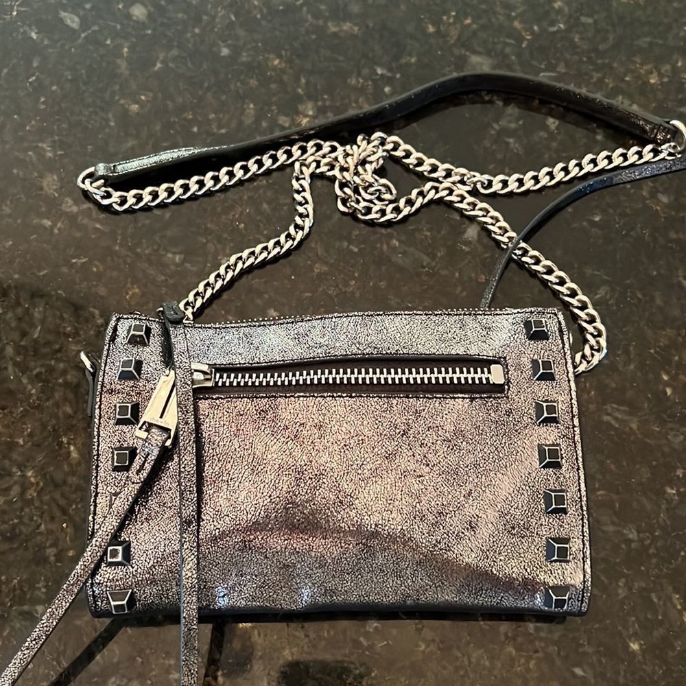 *She + Lo* Metallic Silver Mini Studded Chain Crossbody Bag
EUC